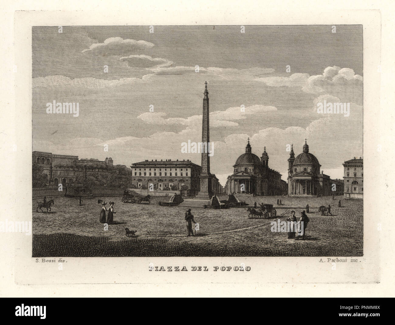 View of the Piazza del Popolo, Rome, with ancient obelisk from Heliopolis, Egypt. Copperplate engraving by A. Parboni after an illustration by Sylvestro Bossi from Achille Parboni's New Collection of Principal Views Ancient and Modern of the City of Rome, 1830. Stock Photo