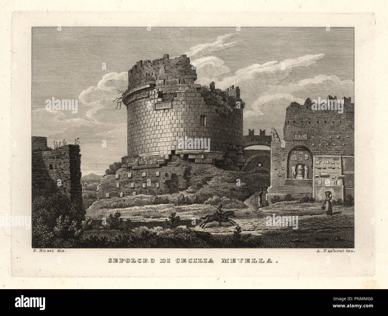 View of the Tomb of Caecilia Metella, Sepolcro di Cecilia Metella, Rome, 1830. Copperplate engraving by A. Parboni after an illustration by Sylvestro Bossi from Achille Parboni's New Collection of Principal Views Ancient and Modern of the City of Rome, 1830. Stock Photo