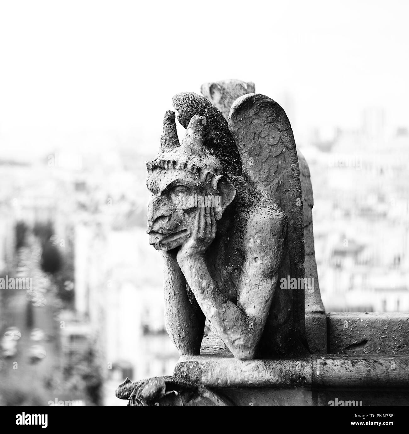 grotesque or Chimaera is a animal figure on the Basilica of Notre Dame in Paris with high Key Lights Effect Stock Photo