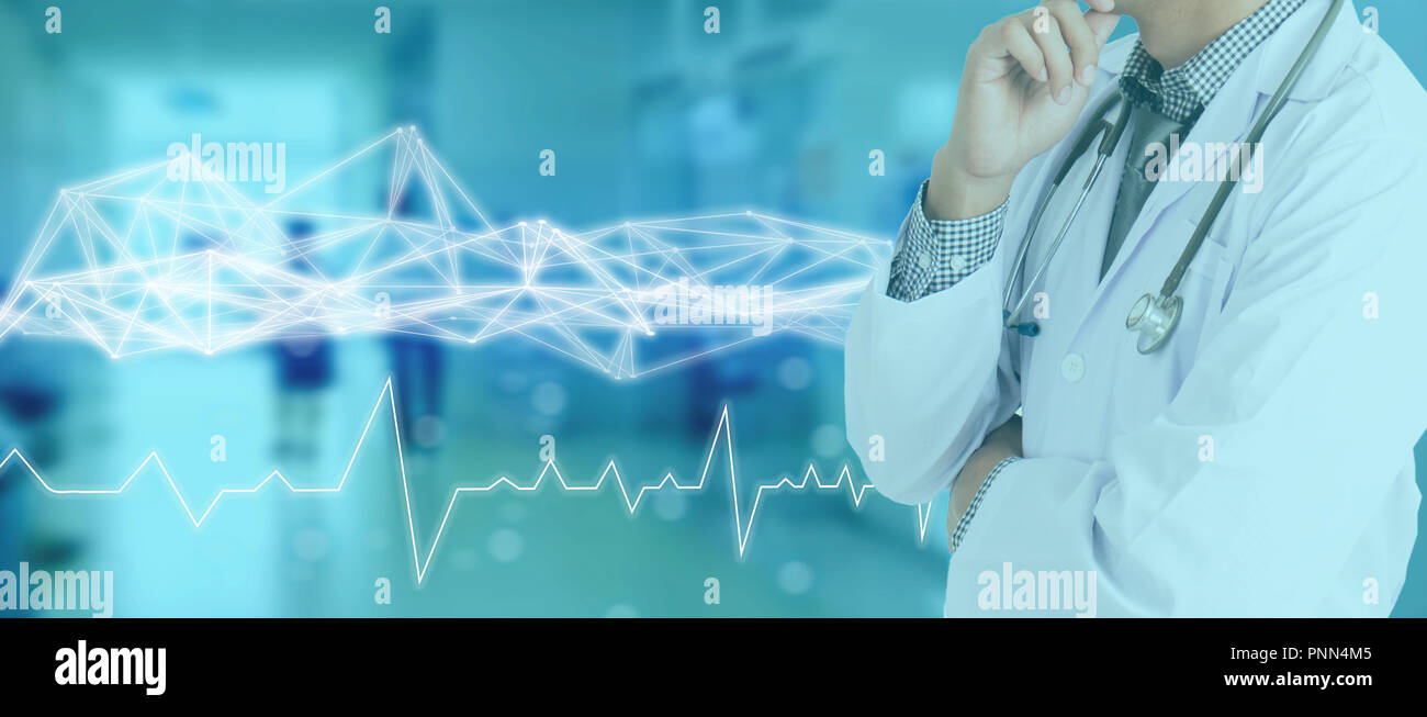 technology network in medical medicine concept, icon medical network connection with modern screen virtual interface with wire mesh technology on blue Stock Photo