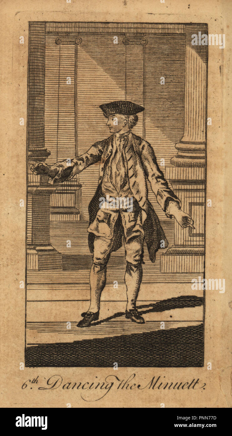 Young gentleman dancing the minuet in a ballroom with columns, 18th century. Copperplate engraving from The Polite Academy, or Instructions for a Genteel Behaviour and Polite Address in Masters and Misses, R. Baldwin, London, 1759. Stock Photo