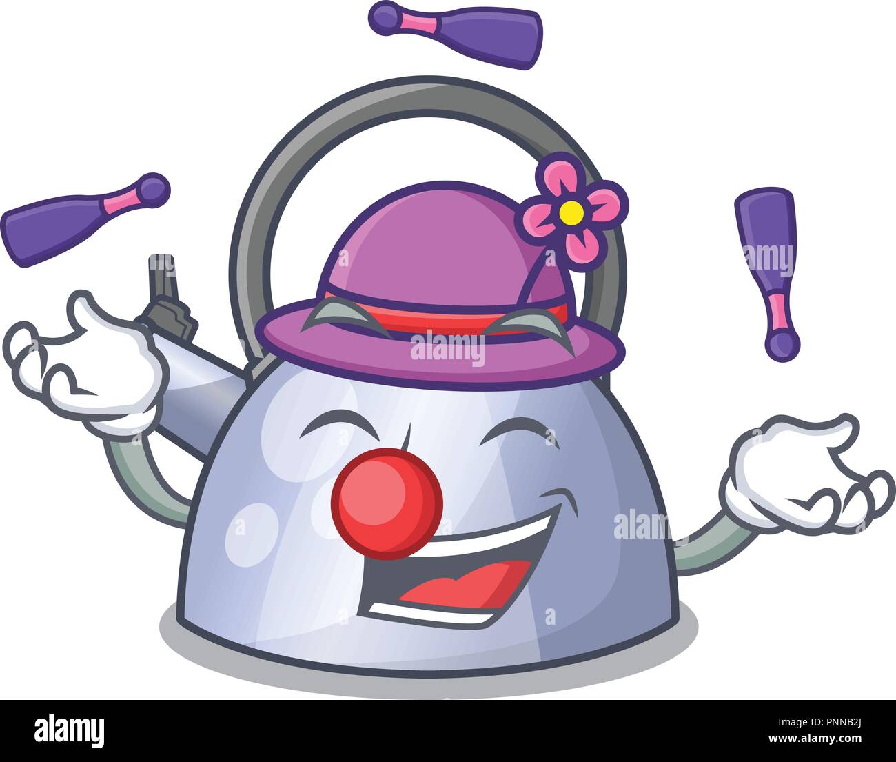 Juggling stainless whistling tea kettle isolated on mascot Stock Vector