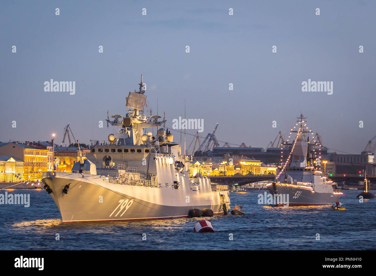 SAINT-PETERSBURG, RUSSIA, July 24, 2018: navy ships moored on Neva river in preparation for a parade Stock Photo