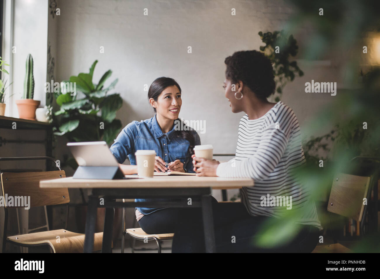 Female entrepreneurs having a meeting in a cafe Stock Photo