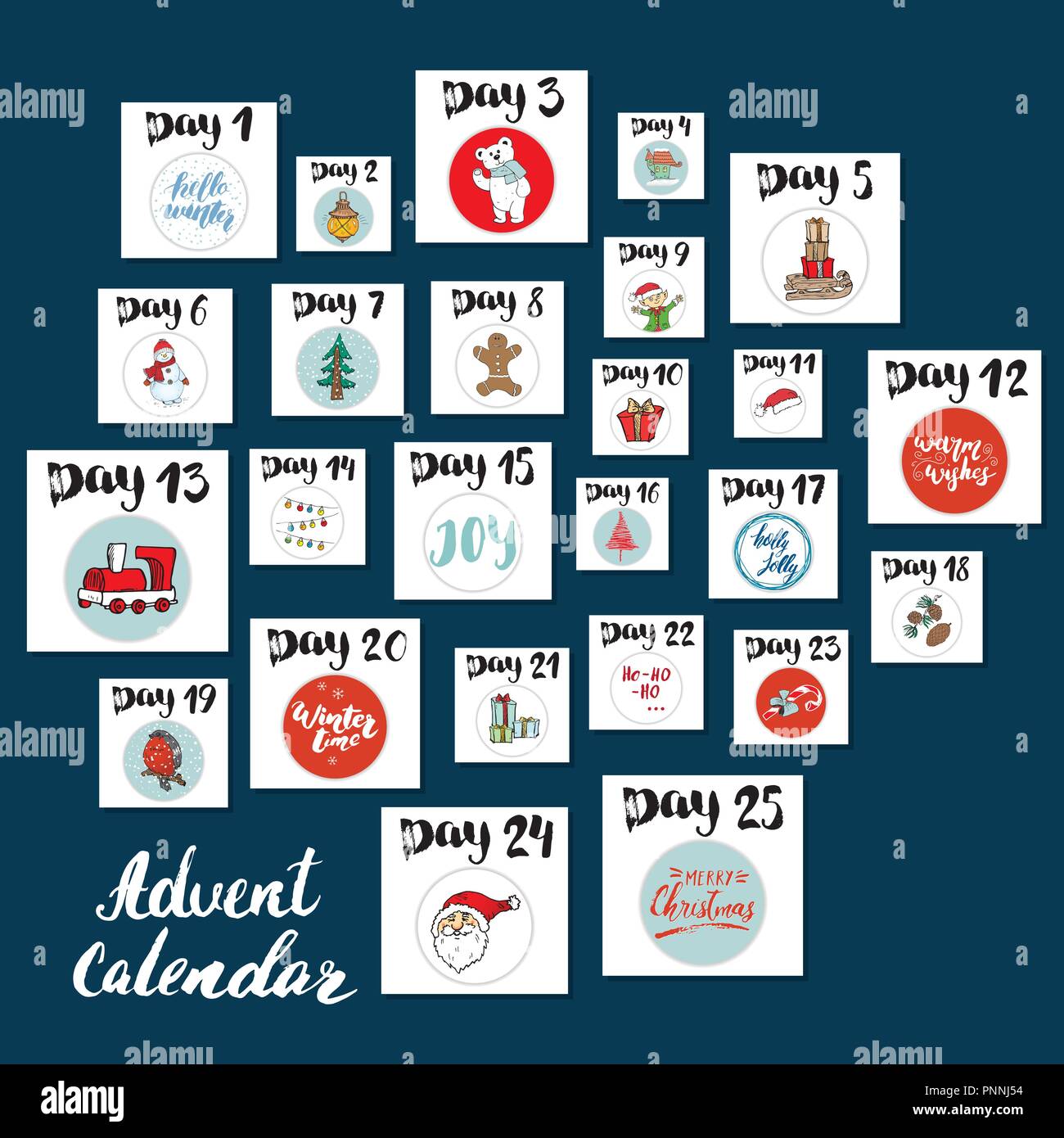 Christmas advent calendar. Hand drawn elements and numbers. Winter