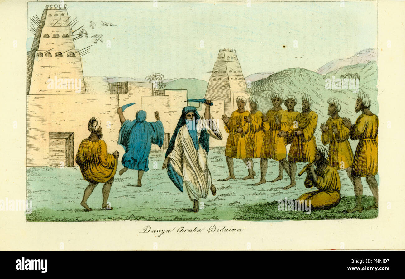 Sword dance by nomadic Bedouin Arabs near the valley of the kings in Thebes by Giovanni Battista Belzoni. Two women dance a traditional sword dance to musical accompaniment from a recorder and men clapping. Handcoloured copperplate engraving from Giulio Ferrario's Costumes Ancient and Modern of the Peoples of the World, Florence, 1834. Stock Photo