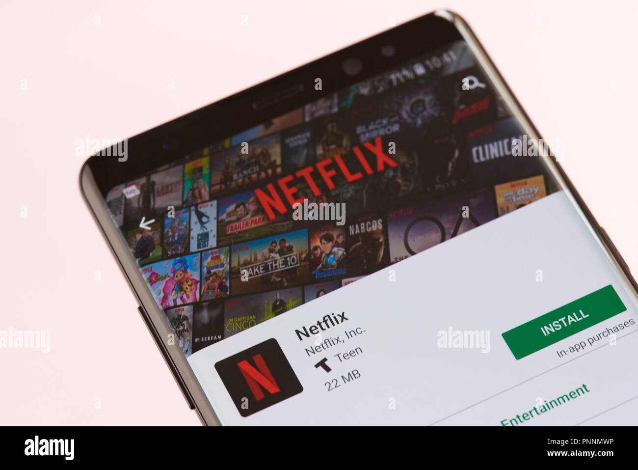 New york, USA - september 21, 2018: Netflix in google market on smartphone screen background close up view Stock Photo
