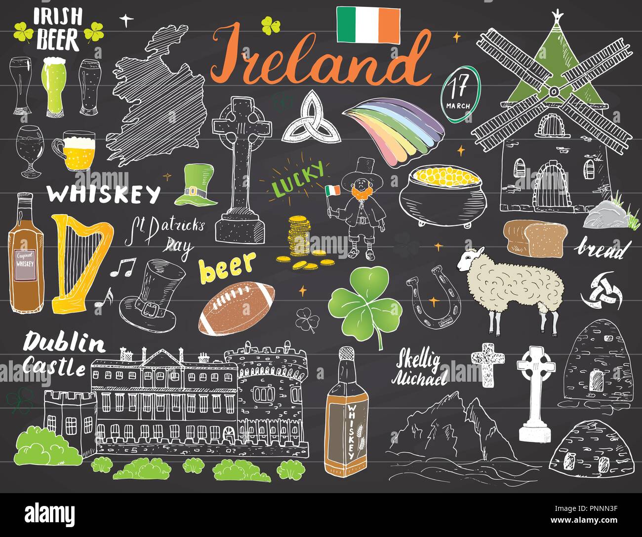 Ireland Sketch Doodles. Hand Drawn Irish Elements Set with flag and map