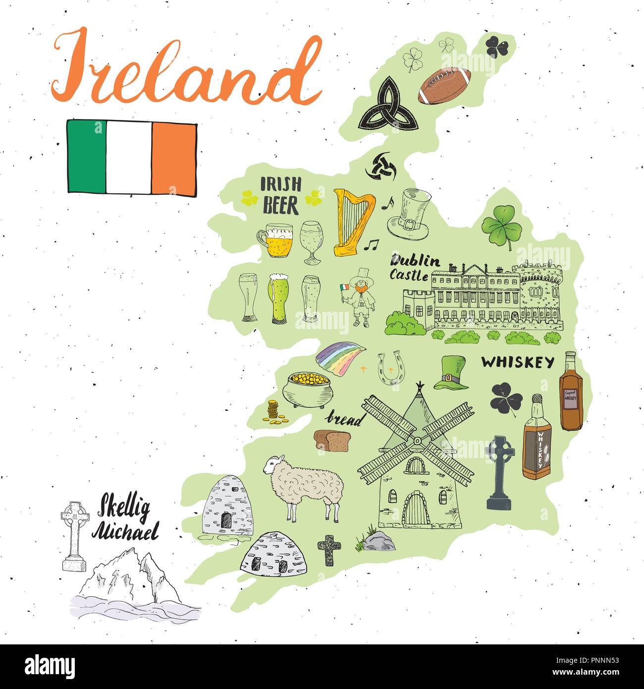 Ireland Sketch Doodles. Hand Drawn Irish Elements Set with flag and map