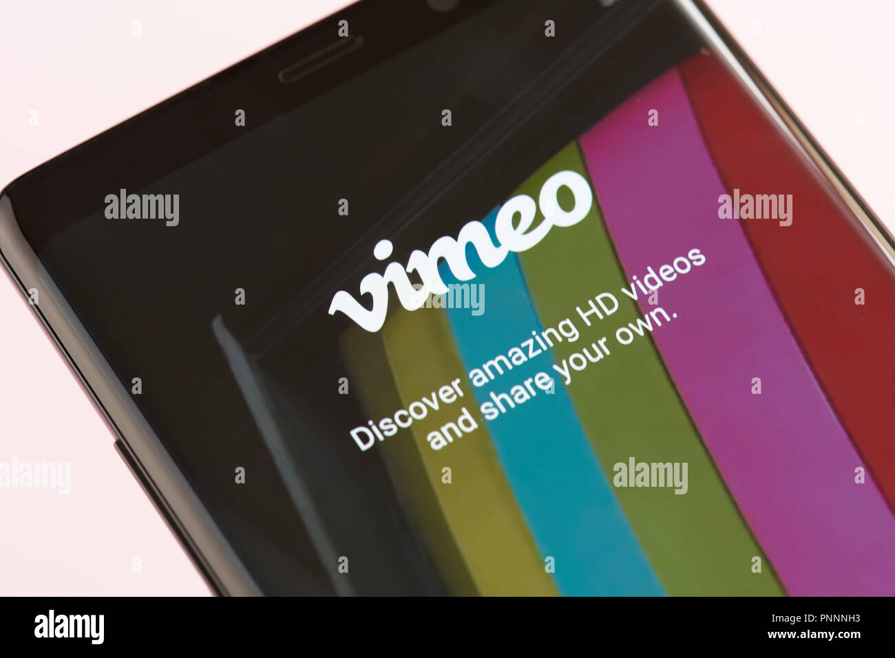 New york, USA - september 21, 2018: Video service vimeo logo on smartphone screen background close up view Stock Photo