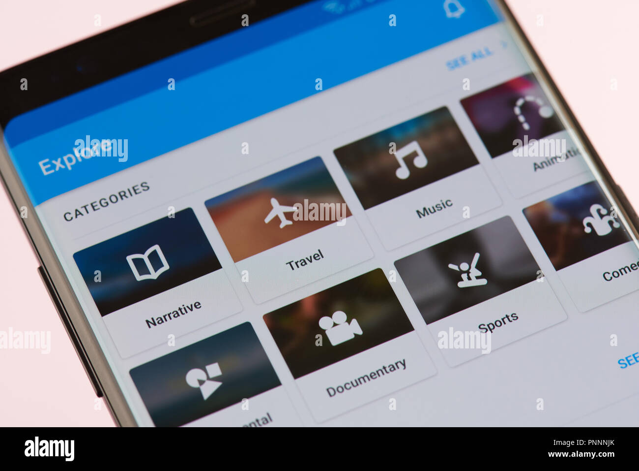 New york, USA - september 21, 2018: Vimeo video service menu on smartphone screen background close up view Stock Photo