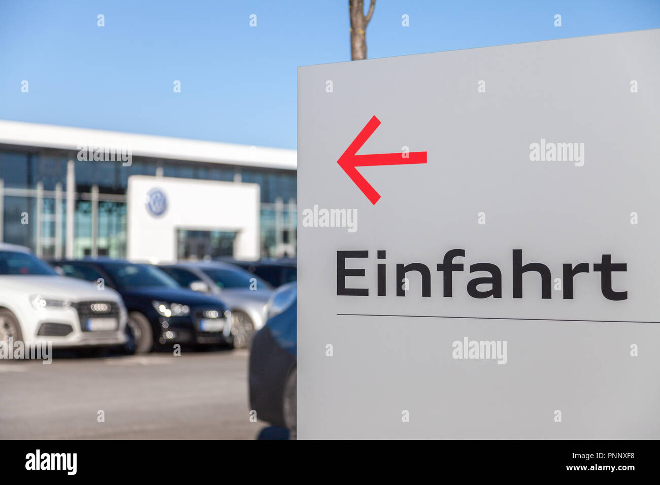 FUERTH / GERMANY - FEBRUARY 25, 2018: Einfahrt sign near a Volkswagen car dealer. Einfahrt means entry. Volkswagen is a German automaker founded on 28 Stock Photo