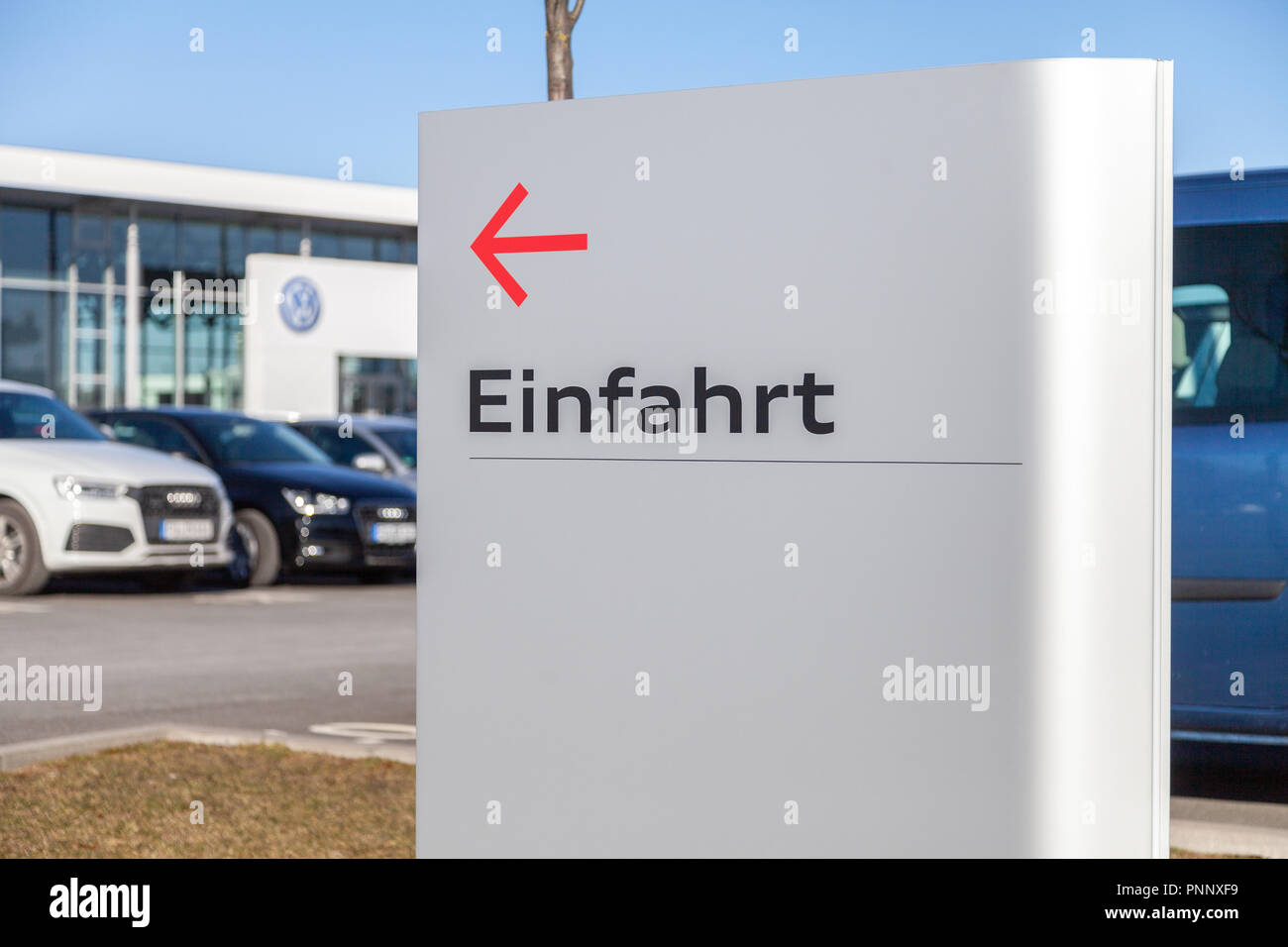 FUERTH / GERMANY - FEBRUARY 25, 2018: Einfahrt sign near a Volkswagen car dealer. Einfahrt means entry. Volkswagen is a German automaker founded on 28 Stock Photo
