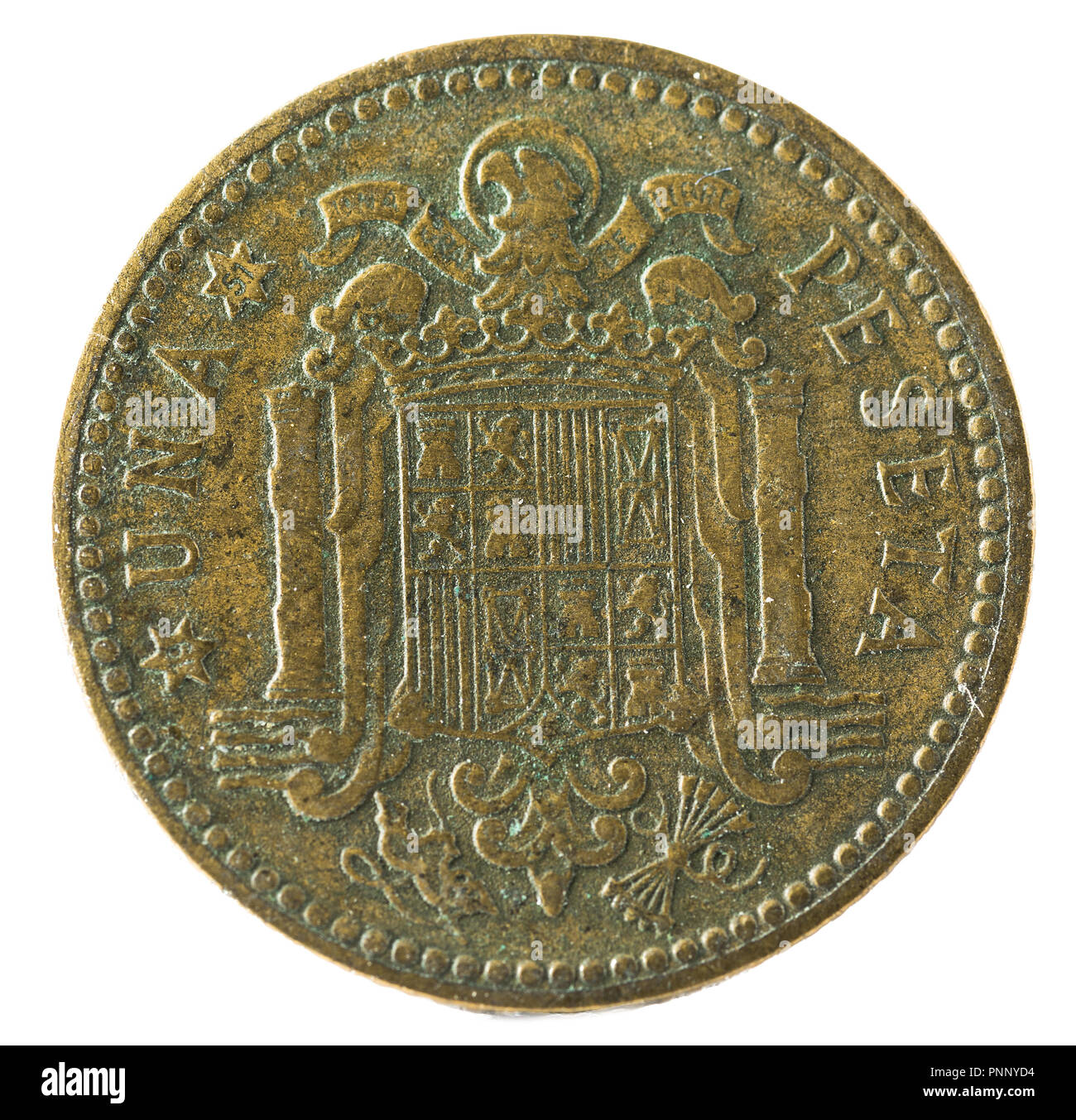 Old Spanish coin of 1 peseta, Francisco Franco. Year 1947, 19 51 in the stars. Reverse. Stock Photo