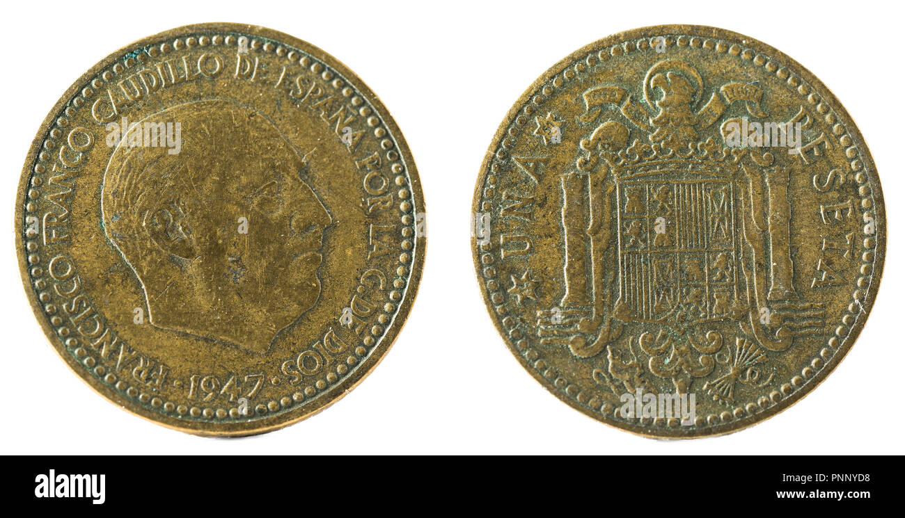 Old Spanish coin of 1 peseta, Francisco Franco. Year 1947, 19 51 in the stars. Stock Photo