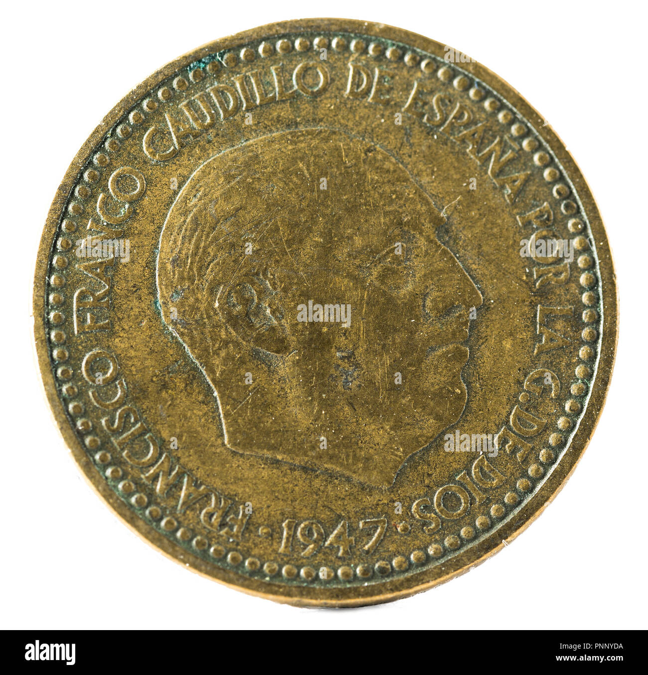 Old Spanish coin of 1 peseta, Francisco Franco. Year 1947, 19 51 in the stars. Obverse. Stock Photo