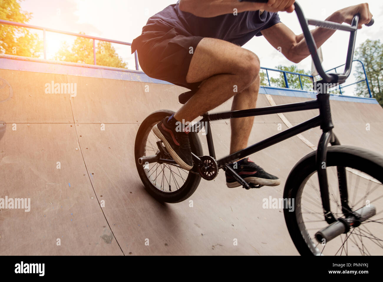 Freestyle male rider riding in skate park on bmx Stock Photo Alamy