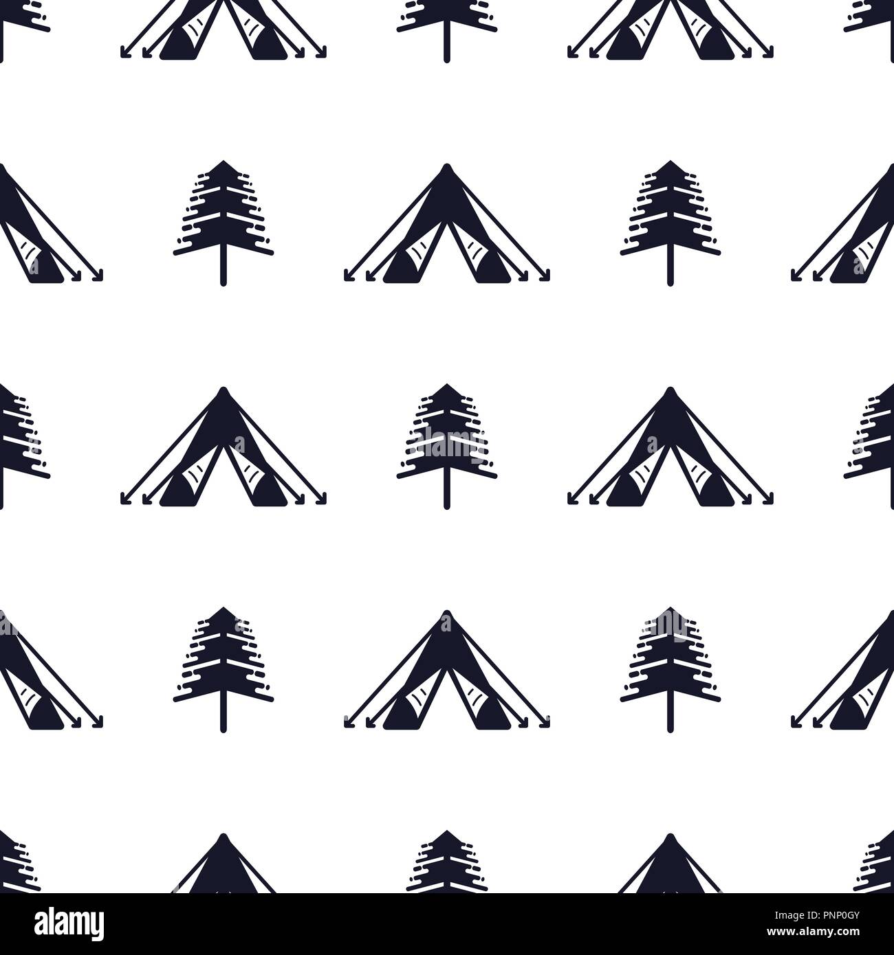 Tent and tree seamless pattern. Silhouette distressed style. Outdoor adventure equipment wallpaper background. Stock vector illustration isolated on white Stock Vector