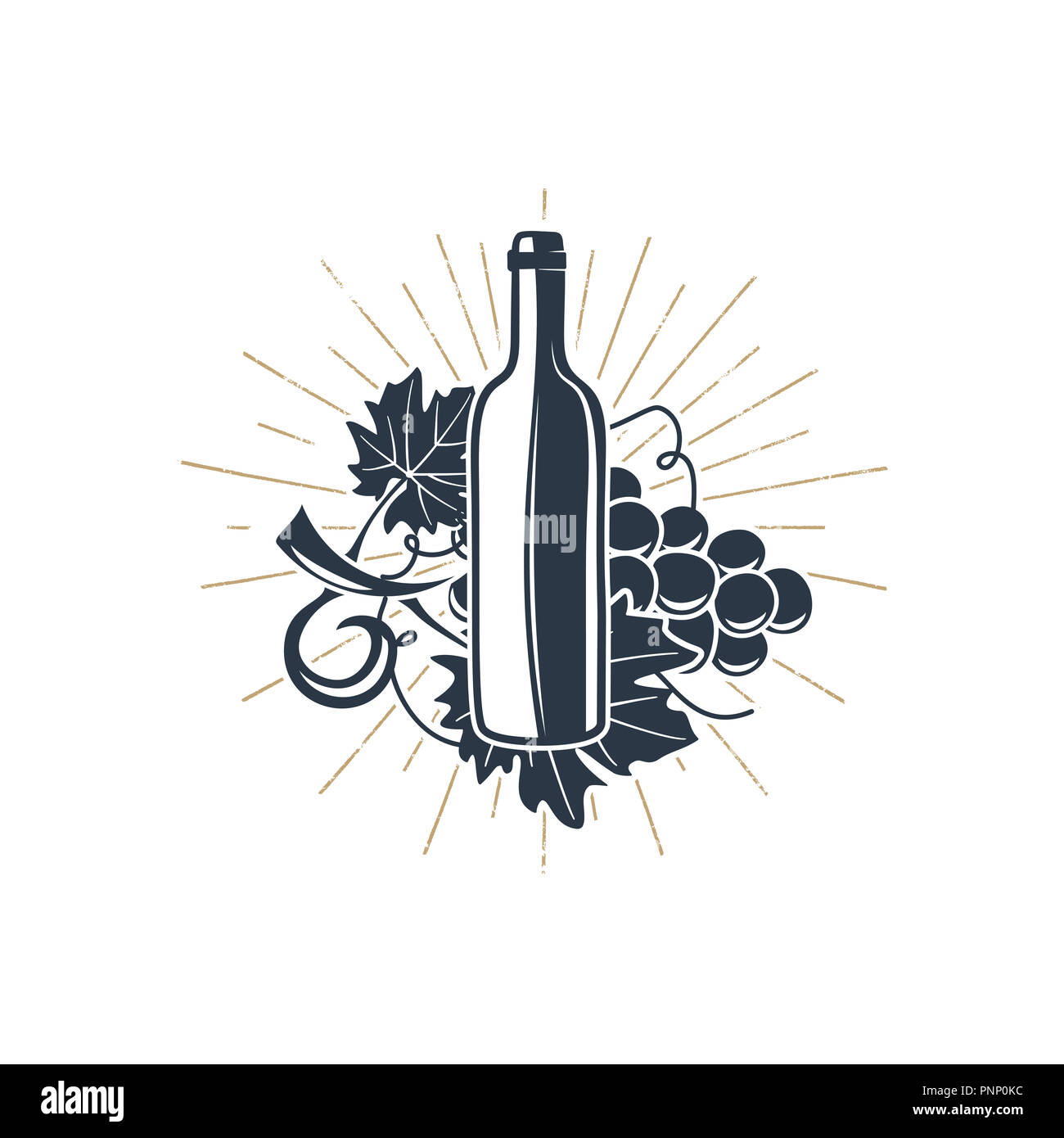 Black wine bottle and vine with sunbursts for vineyard logo, winery badge, wine club, bar, cafe