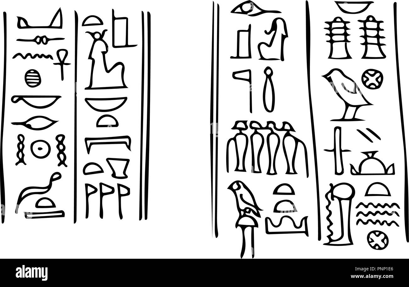 Ancient Egyptian hieroglyphs with names of the goddess of fertility Isis (left) and her husband the god of The Underworld Osiris (right). Stock Vector
