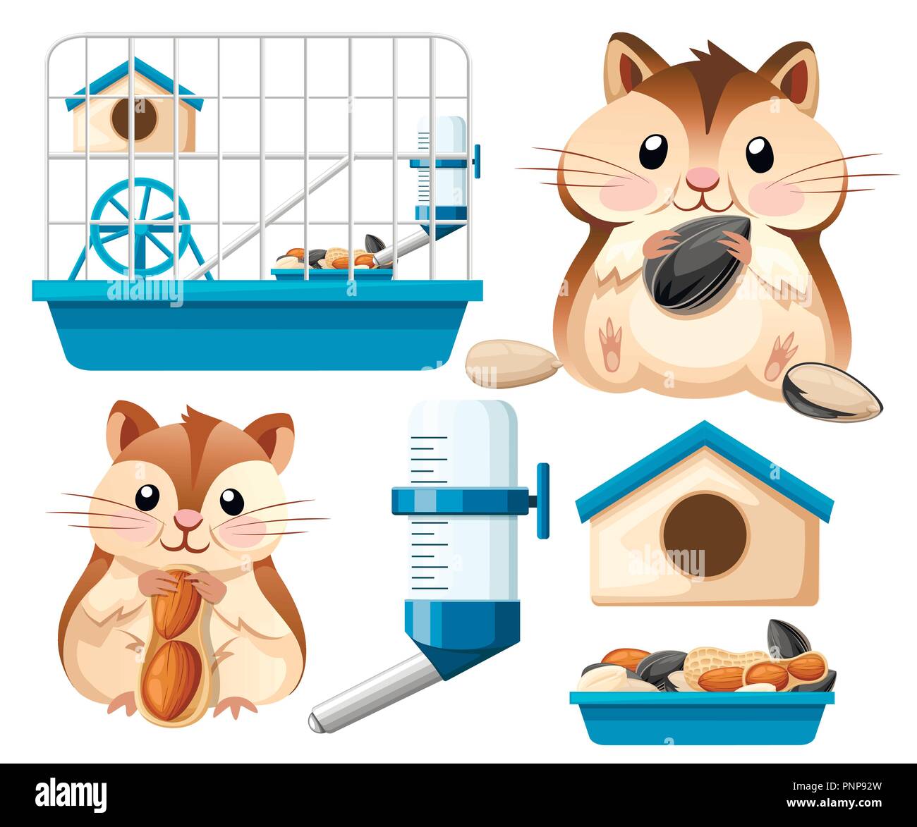 Hamster icon collection. Cute hamster sit and holding a sunflower seed, and nut. Hamster cage, wheel and automatic drinker. Cartoon character design.  Stock Vector