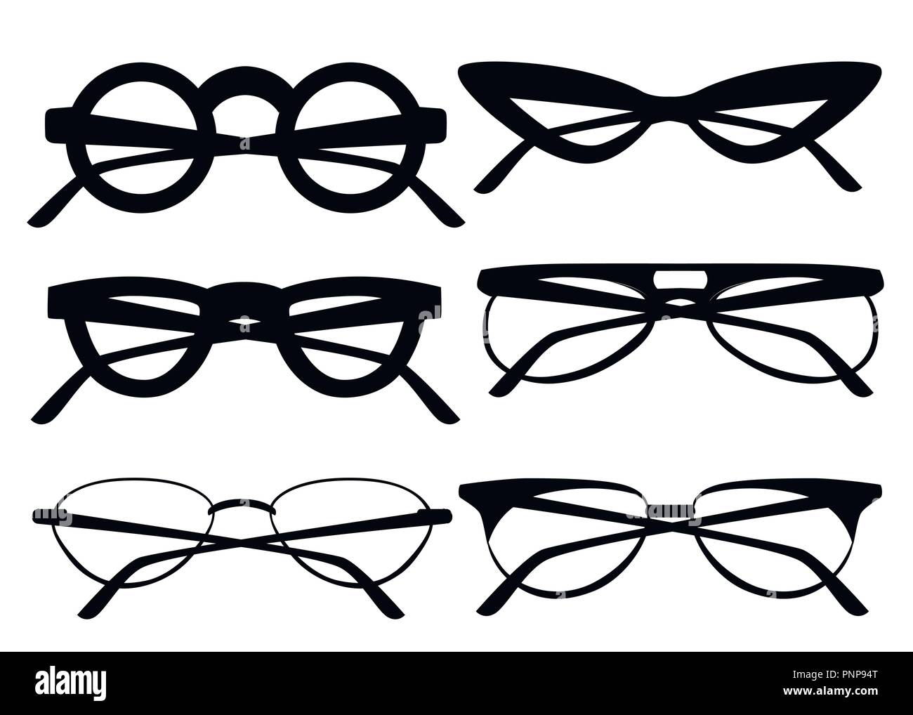 Set of black and white glasses. Collection of six cartoon glasses with