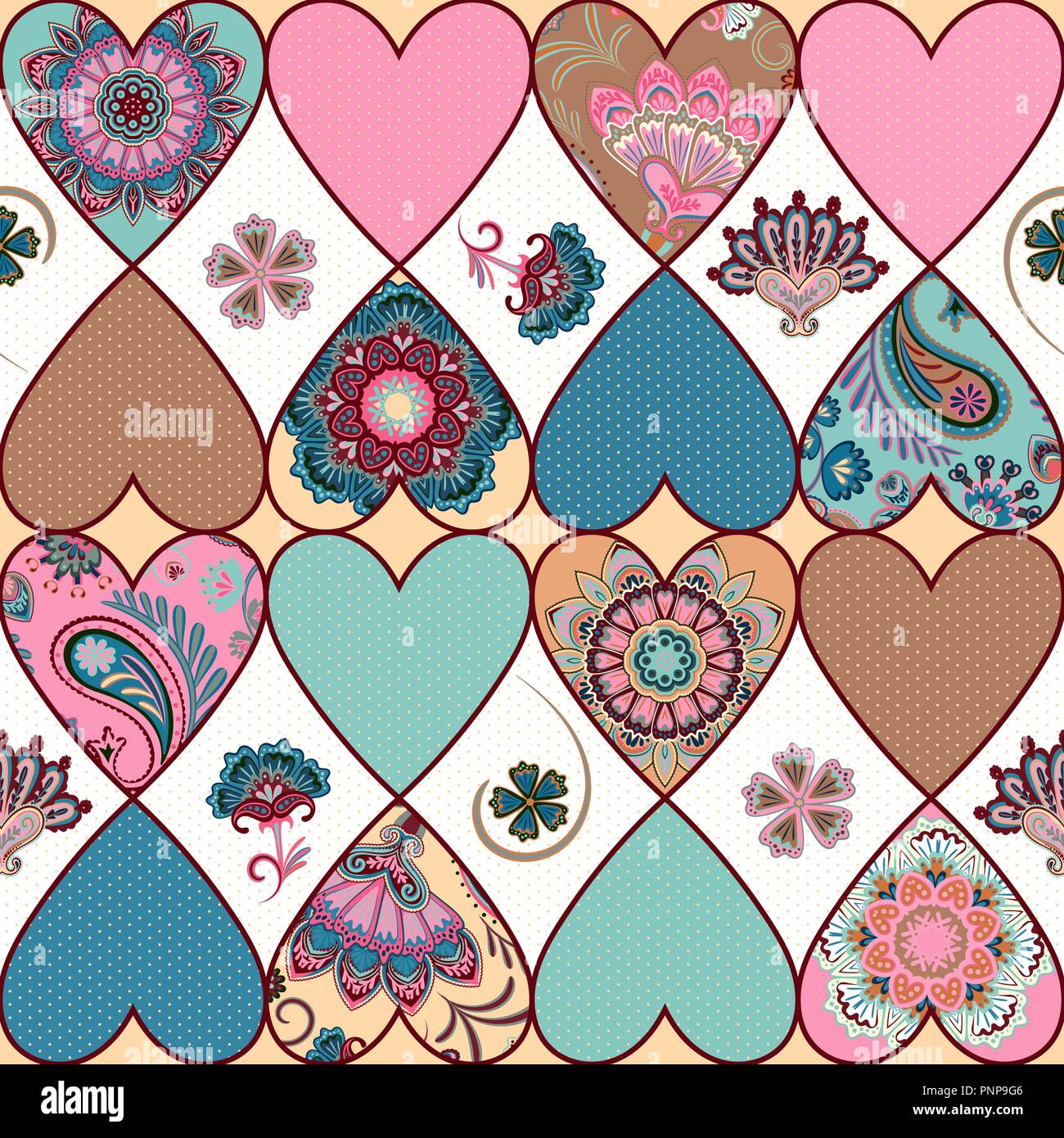 Seamless floral patchwork pattern with hearts and mandalas background. Vector Stock Vector