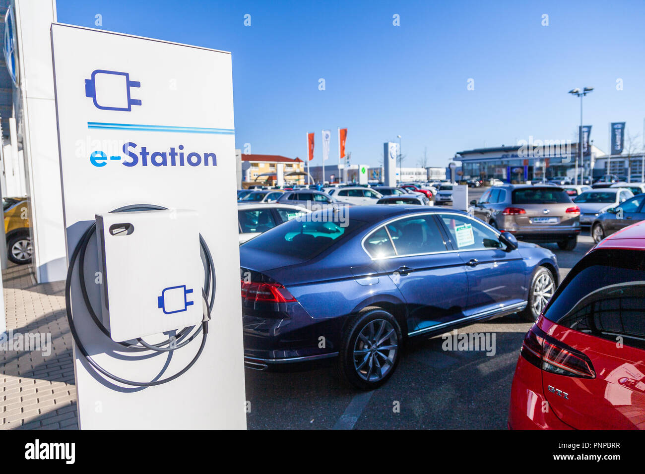 FUERTH / GERMANY - FEBRUARY 25, 2018: e-Station sign on a electric vehicle charging station Stock Photo