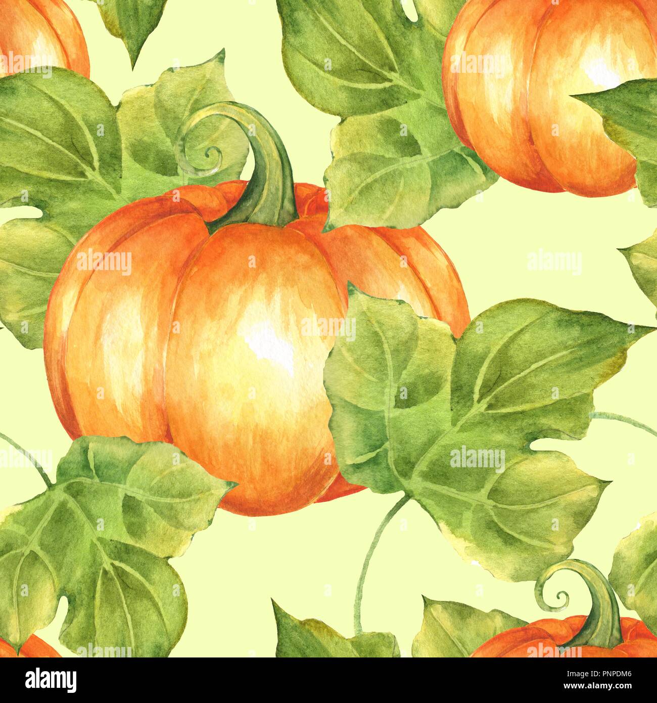Orange pumpkins and leaves. Seamless pattern Watercolor illustration ...