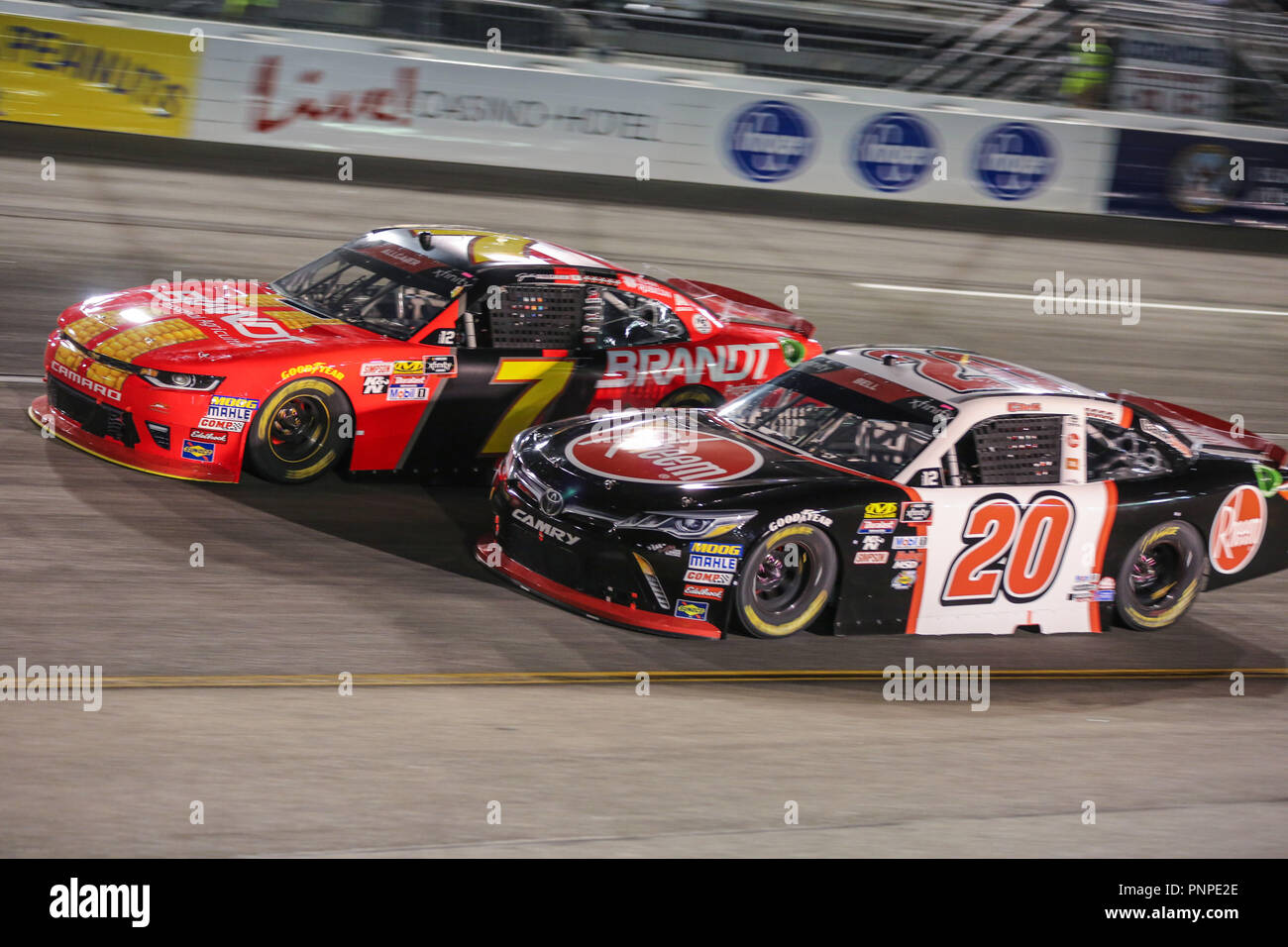 September 21, 2018: NASCAR Xfinity Series drivers Christopher Bell (20) and Justin Allgaier (7) battle off turn one during the GoBowling 250 Richmond, VA. Jonathan Huff/CSM Stock Photo