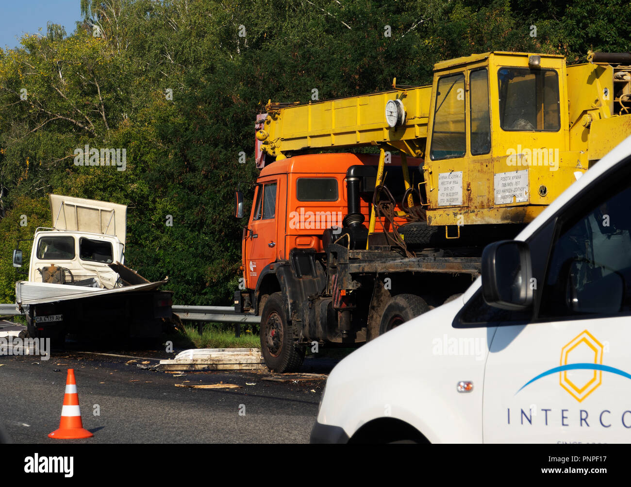 Road accident of truck crane and truck on the highway Boryspil Kiev