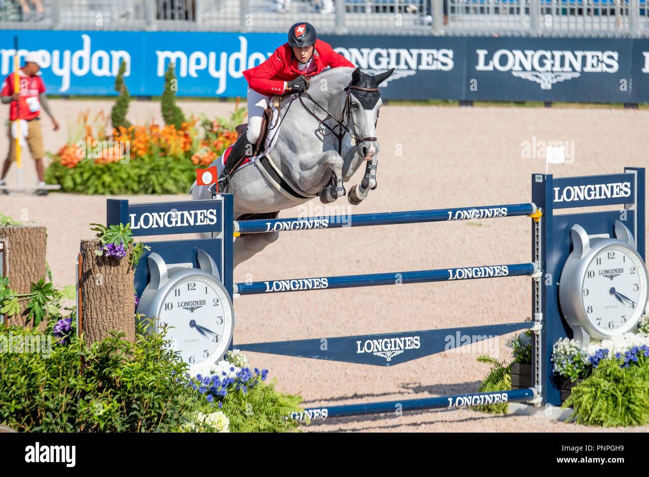 North Carolina, USA. 21st Sept 2018. Martin Fuchs. Clooney. SUI. Show Jumping Team & Individual Championship.  Day 10. World Equestrian Games. WEG 2018 Tryon. North Carolina. USA. 21/09/2018. Credit: Sport In Pictures/Alamy Live News Stock Photo
