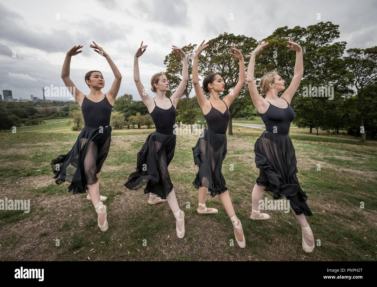 London, UK. 22nd September, 2018. Dancers from Semaphore Ballet Company perform on Primrose Hill on the last day of summer before the autumnal equinox. (L-R) Natsuki Uemura, Aoife Doherty, Rebecca Olarescu and Beth Wareing. Credit: Guy Corbishley/Alamy Live News Stock Photo