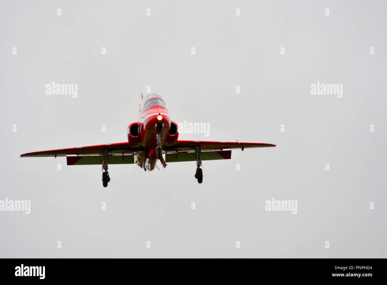 Cambridge UK, 2018-September-22. The Red Arrows arriving at Marshall Aerospace before their schedualed air display at Duxford later today to celebrate 100 years of the RAF. Stock Photo