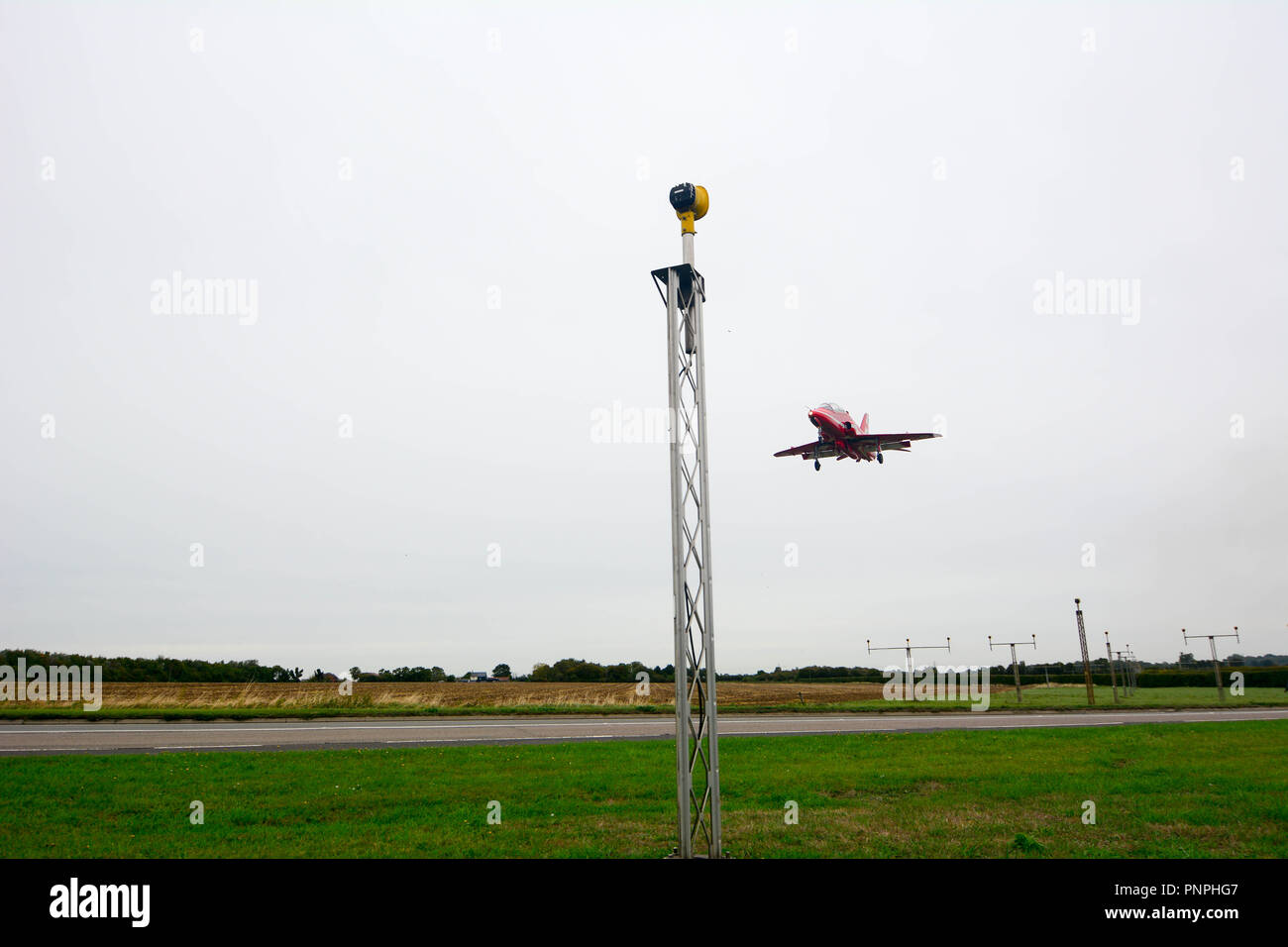 Cambridge UK, 2018-September-22. The Red Arrows arriving at Marshall Aerospace before their schedualed air display at Duxford later today to celebrate 100 years of the RAF. Stock Photo