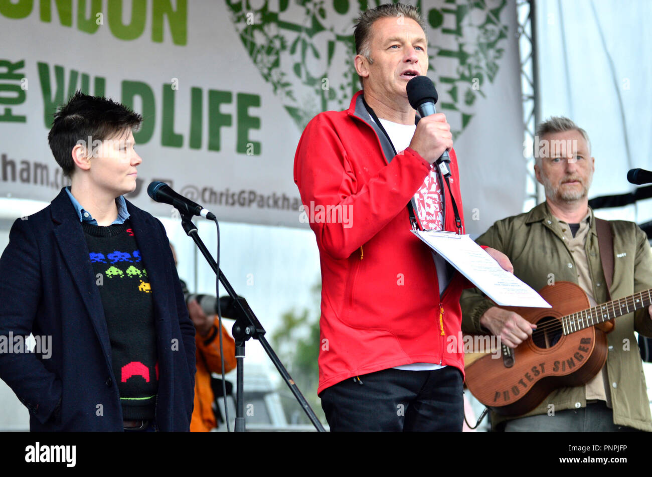 London, UK. 22nd Sept 2018.  Despite the constant rain, huge crowds gather to walk in Hyde Park to hear speakers and music on the stage before setting off for an hour-long walk around central London to highlight the local wildlife and the plight of nature in general. Chris Packham, Grace Petrie and Billy Bragg Credit: PjrFoto/Alamy Live News Stock Photo