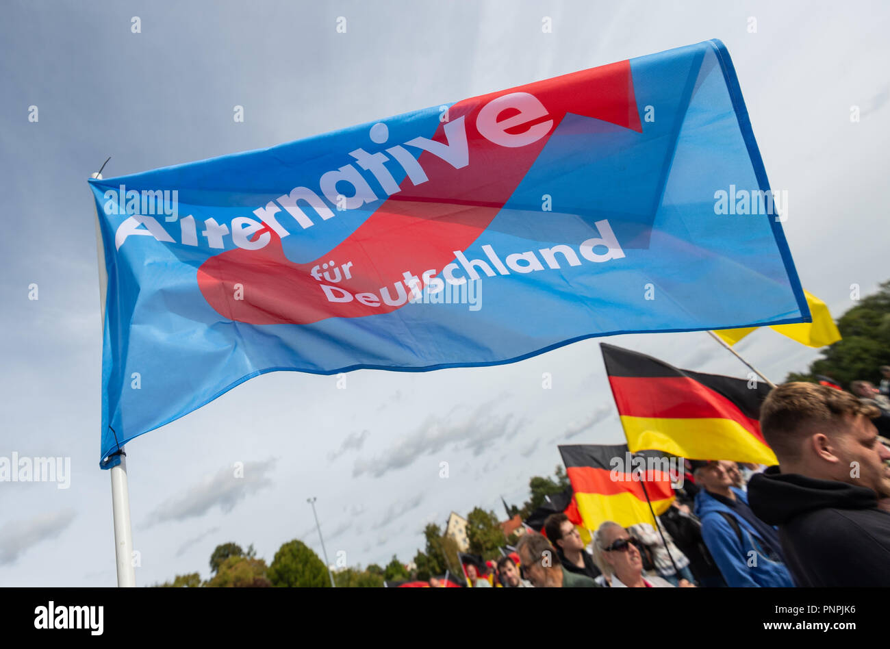Ellwangen, Germany. 22nd Sept 2018. : An AfD flag flies in the wind during  a demonstration by the AfD youth organization Junge Alternative. Several  hundred participants demonstrated against extending the use of