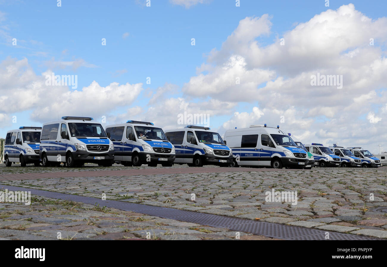 Rostock, Germany. 22nd Sept 2018. Numerous police cars are parked in
