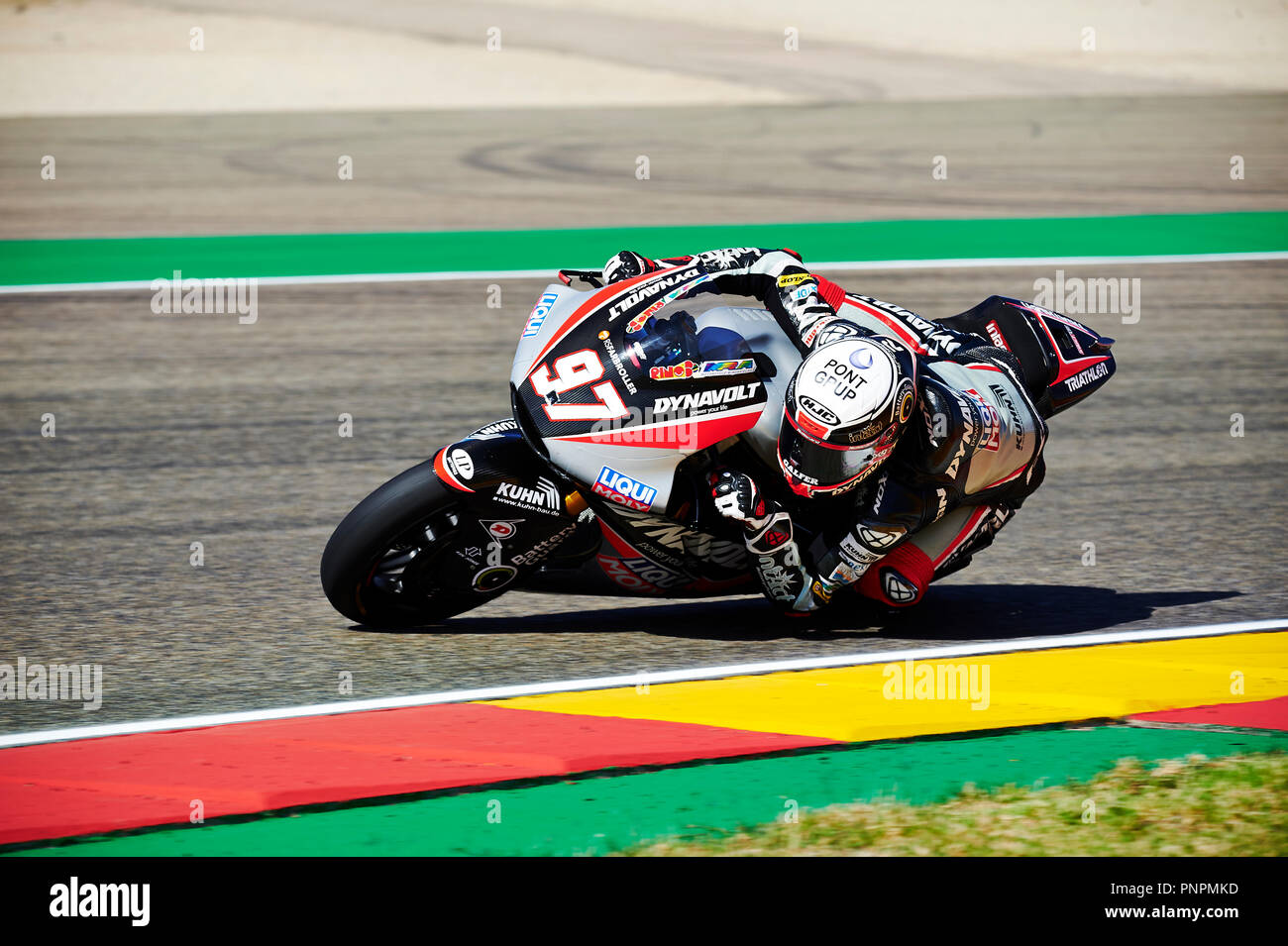 22nd September 2018, Ciudad del Motor de Aragon, Alcaniz, Spain; Motorcycling MotoGP of Aragon, Qualification; Xavi Vierge of the Dynavolt Intact GP Moto 2 Team rounds the bend during the qualifying Stock Photo