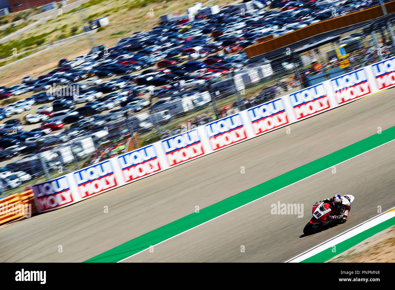 22nd September 2018, Ciudad del Motor de Aragon, Alcaniz, Spain; Motorcycling MotoGP of Aragon, Qualification; Khairul Idham Pawi of the IDEMITSU Honda Asia Moto2 Team rounds the bend during the qualifying Stock Photo