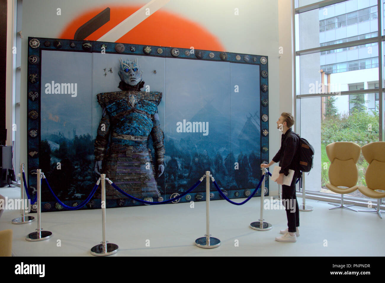 Glasgow, Scotland, UK.22nd September, 2018.The producers of a game of thrones had commissioned The Embroiderers Guild to produce a 3 dimensional tapestry featuring a White Walker  to form the backdrop for the release of the fifth series DVD release, The producers HBO Home Entertainment TV Network then allowed the artwork to go on display in the library of Glasgow Caledonian University Saltire centre until it is auctioned in February. Gerard Ferry/Alamy news Stock Photo
