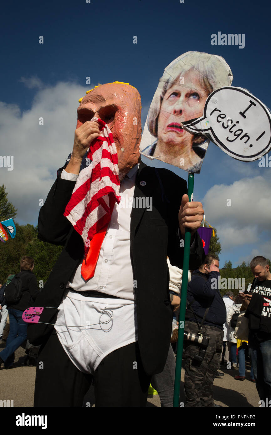 Faslane, Scotland, on 22 September 2018. 'Nae (No) Nukes Anywhere' anti-nuclear weapons demonstration at the Faslane Peace Camp and walking to a rally outside HM Naval Base Clyde, home to the core of the UK's Submarine Service, in protest against Trident nuclear missiles. The rally was attended by peace protestors from across the UK who came 'to highlight the strength of support from many UN member states for Scotland, a country hosting nuclear weapons against its wishes'. Photo Credit Jeremy Sutton-Hibbert/ Alamy News. Stock Photo