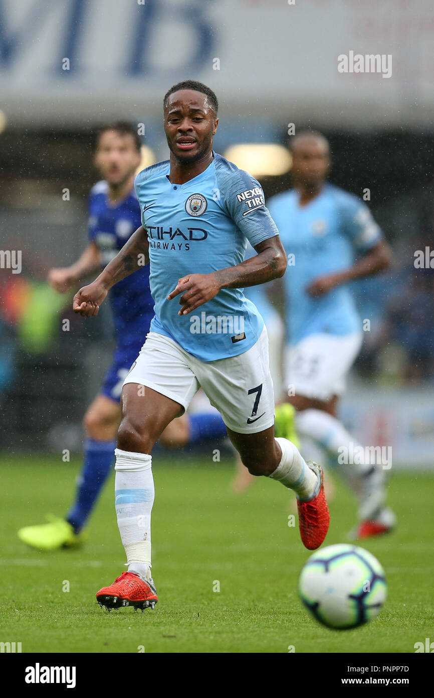 Cardiff, UK. 22nd September 2018. Raheem Sterling of Manchester city in action. Premier League match, Cardiff City v Manchester City at the Cardiff City Stadium on Saturday 22nd September 2018.  this image may only be used for Editorial purposes. Editorial use only, license required for commercial use. No use in betting, games or a single club/league/player publications. pic by  Andrew Orchard/Andrew Orchard sports photography/Alamy Live news Stock Photo