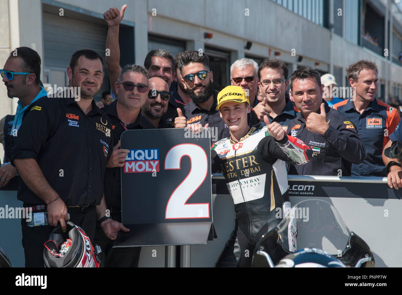 22nd September 2018, Ciudad del Motor de Aragon, Alcaniz, Spain; Motorcycling MotoGP of Aragon, Qualification; Jaume Masia (Bester Capital Dubai) celebrate the second place on Moto3 grid Stock Photo