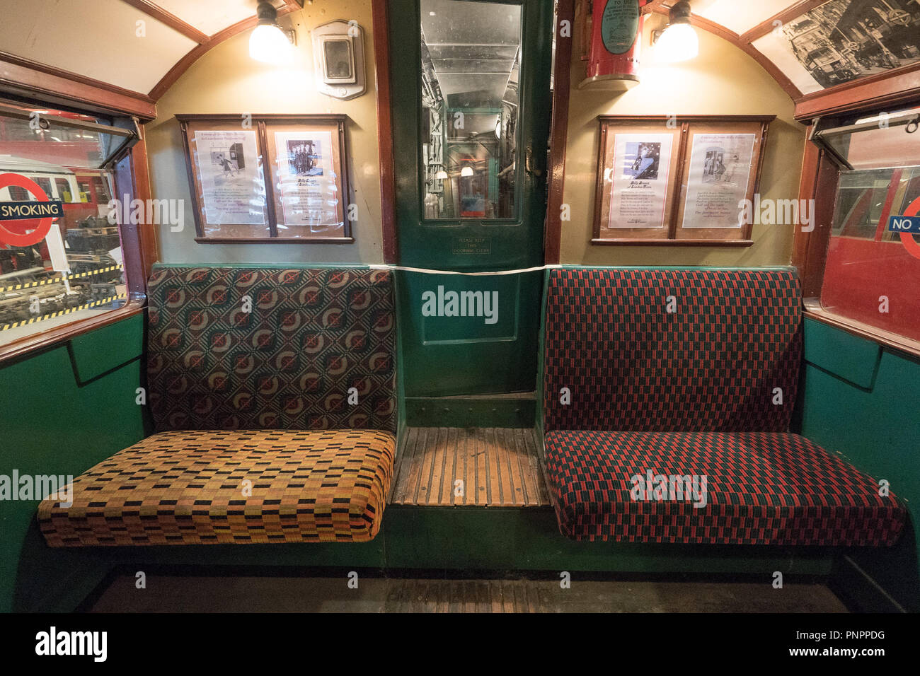 The interior of an old tube carriage at the London Transport Museum Depot, which opens its doors to the public twice a year. Photo date: Saturday, September 22, 2018. Photo: Roger Garfield/Alamy Live News Stock Photo