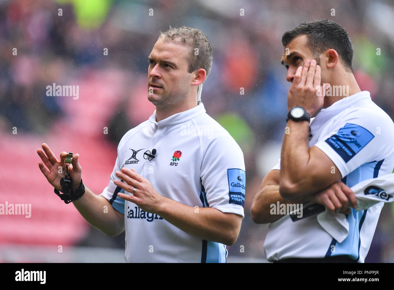 London, UK. 22nd September 2018. Referee: Ian Tempest (on his 49th Premiership game) and Assistant Referees: Adam Leal & Jonathan Healy checking the video footage during Gallagher Premiership match between Bristol Bears and Harlequins at Ashton Gate on Saturday, 22 September 2018. LONDON ENGLAND.  (Editorial use only, license required for commercial use. No use in betting, games or a single club/league/player publications.) Credit: Taka Wu/Alamy Live News Stock Photo