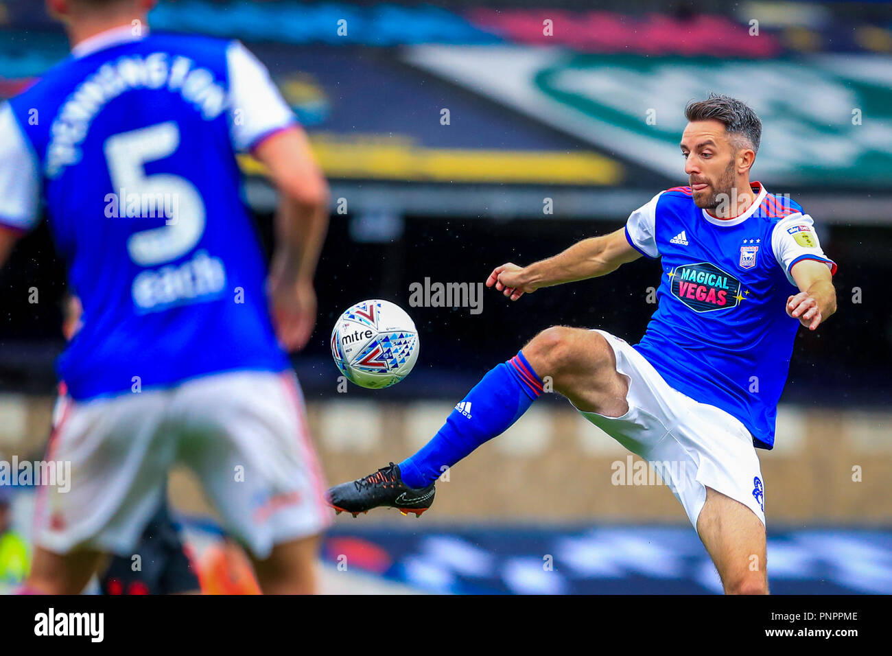 Portman Road, Ipswich, England; 22nd September 2018,  Sky Bet Championship Ipswich Town v Bolton Wonderers ; Cole Skuse (08) of Ipswich controls the ball.    Credit: Georgie Kerr/News Images  EDITORIAL USE ONLY No use with unauthorised audio, video, data, fixture lists, club/league logos or 'live' services. Online in-match use limited to 45 images, no video emulation. No use in betting, games or single club/league/player publications and all English Football League images are subject to DataCo Licence Credit: News Images /Alamy Live News Stock Photo