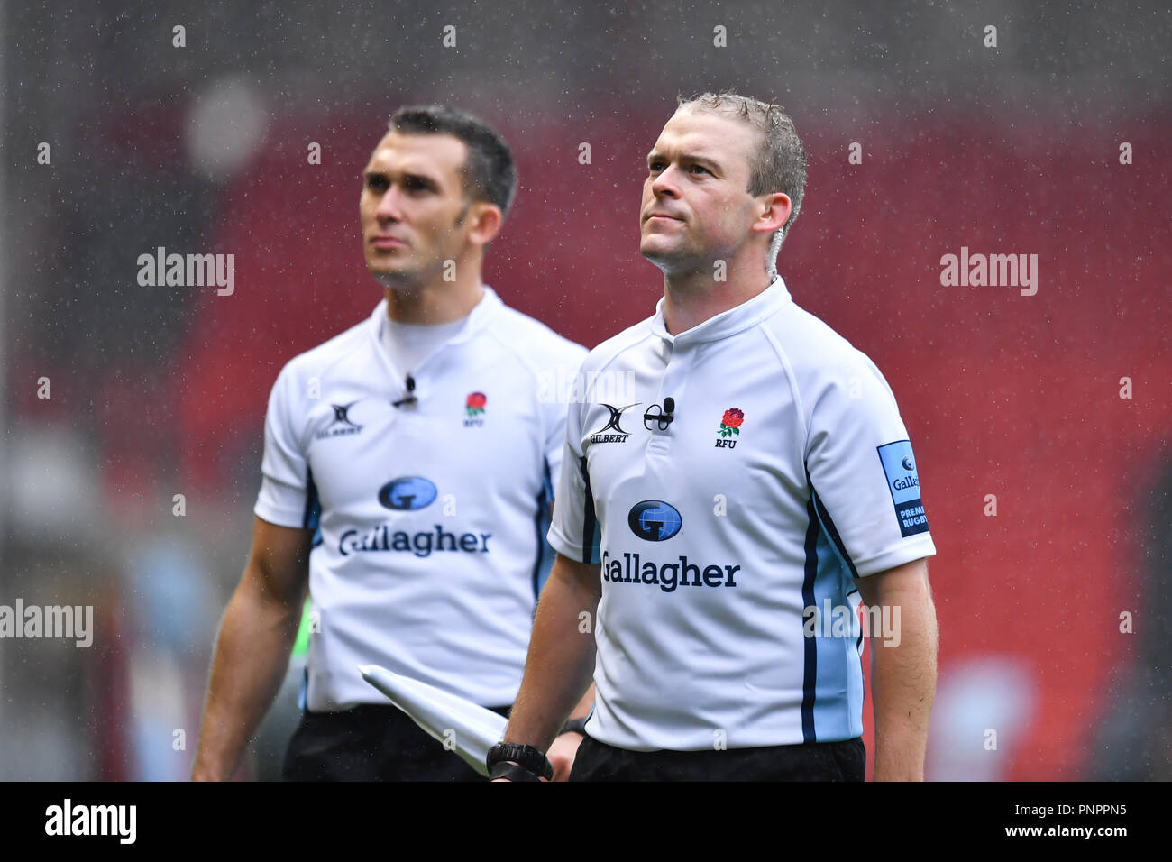 London, UK. 22nd September 2018. Referee: Ian Tempest (on his 49th Premiership game) and Assistant Referees: Adam Leal & Jonathan Healy check the video footage on the large screen during Gallagher Premiership match between Bristol Bears and Harlequins at Ashton Gate on Saturday, 22 September 2018. LONDON ENGLAND.  (Editorial use only, license required for commercial use. No use in betting, games or a single club/league/player publications.) Credit: Taka Wu/Alamy Live News Stock Photo