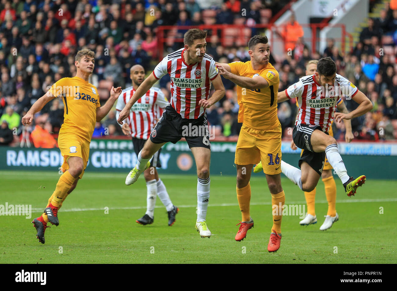 22nd September 2018, Bramall Lane, Sheffield, England; Sky Bet Championship Sheffield United v Preston North End ; Chris Basham (06) of Sheffield United scores to make it  2-0    Credit: Mark Cosgrove/News Images    EDITORIAL USE ONLY No use with unauthorised audio, video, data, fixture lists, club/league logos or 'live' services. Online in-match use limited to 45 images, no video emulation. No use in betting, games or single club/league/player publications and all English Football League images are subject to DataCo Licence Stock Photo