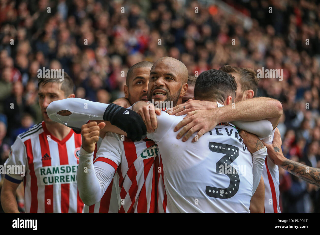 22nd September 2018, Bramall Lane, Sheffield, England; Sky Bet Championship Sheffield United v Preston North End ;  David McGoldrick (17) of Sheffield United celebrates his goal to make it 3-2    Credit: Mark Cosgrove/News Images    EDITORIAL USE ONLY No use with unauthorised audio, video, data, fixture lists, club/league logos or 'live' services. Online in-match use limited to 45 images, no video emulation. No use in betting, games or single club/league/player publications and all English Football League images are subject to DataCo Licence Stock Photo